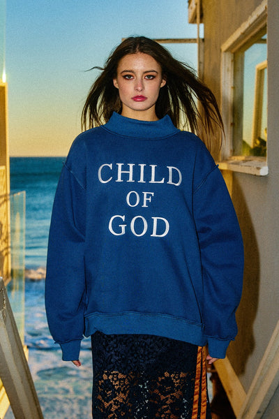 child of God embroidered mock neck | denim blue