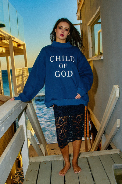 child of God embroidered mock neck | denim blue