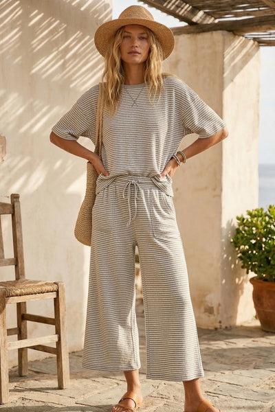 clean lines striped knit set | heather grey + white