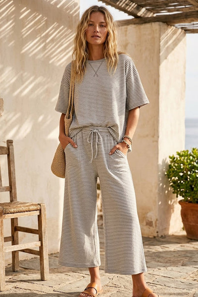 clean lines striped knit set | heather grey + white
