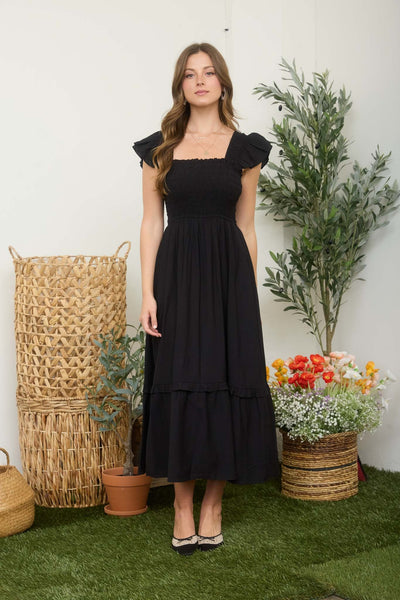 stay steady smocked ruffle detail midi dress | black