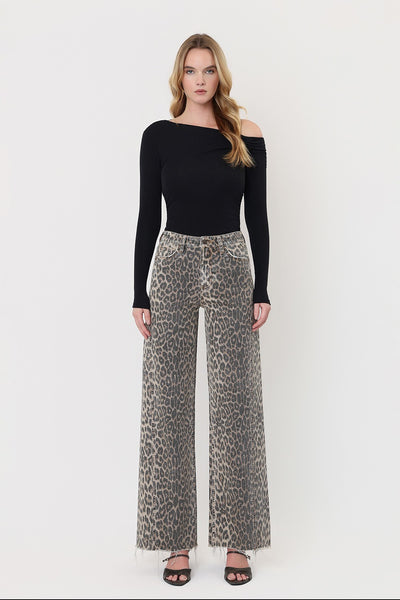 justyce high rise side seam detail wide leg jeans | leopard
