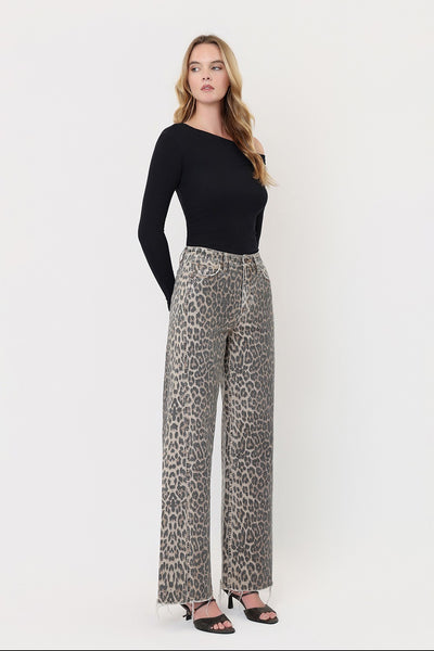 justyce high rise side seam detail wide leg jeans | leopard
