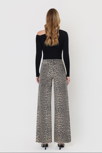 justyce high rise side seam detail wide leg jeans | leopard