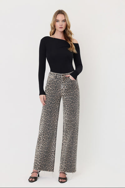 justyce high rise side seam detail wide leg jeans | leopard