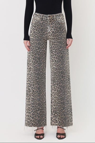 justyce high rise side seam detail wide leg jeans | leopard
