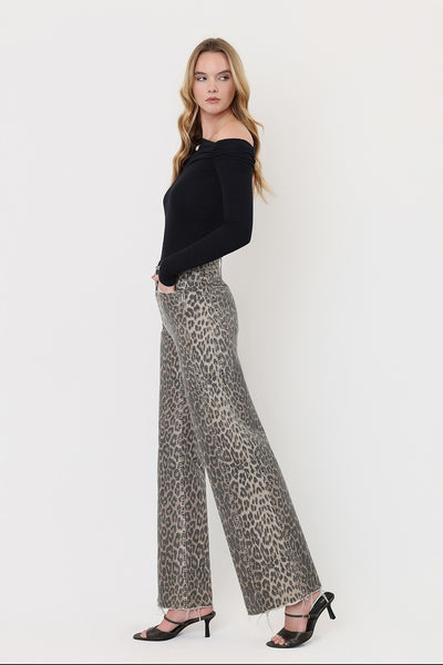 justyce high rise side seam detail wide leg jeans | leopard