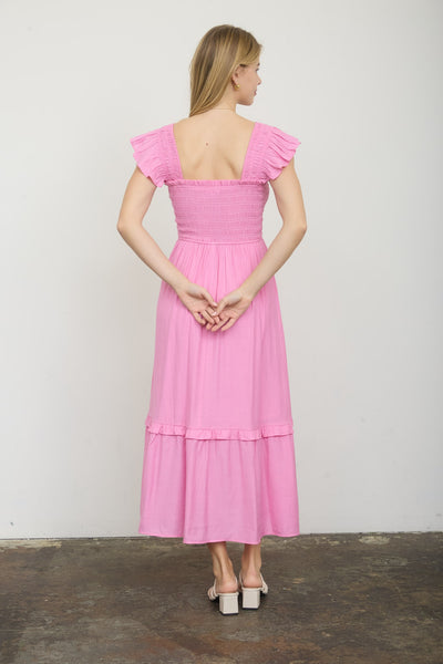 stay steady smocked ruffle detail midi dress | pink