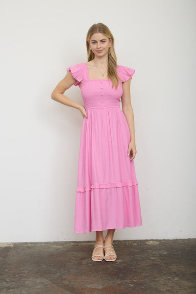 stay steady smocked ruffle detail midi dress | pink