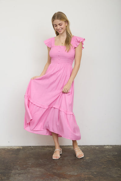 stay steady smocked ruffle detail midi dress | pink