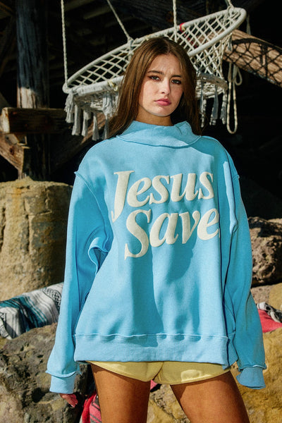 Jesus saves puff print mock neck pullover | baby blue