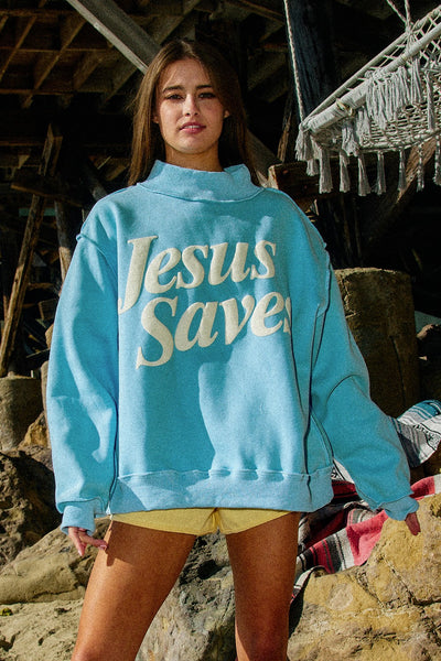 Jesus saves puff print mock neck pullover | baby blue