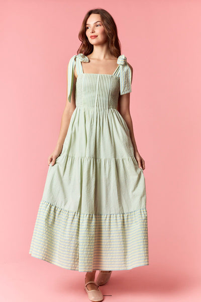 make a way smocked pintuck striped maxi dress | mint + blue