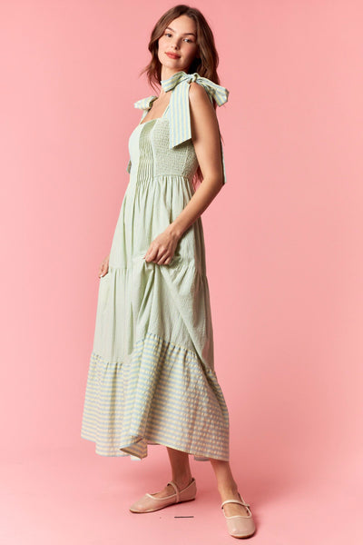 make a way smocked pintuck striped maxi dress | mint + blue