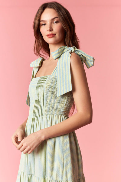 make a way smocked pintuck striped maxi dress | mint + blue