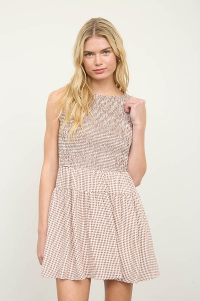 open to it gingham sleeveless smocked mini dress | brown