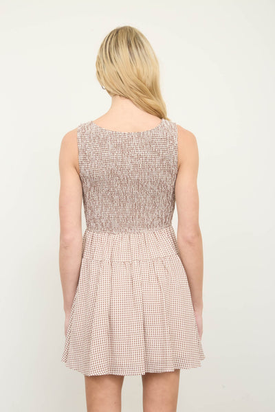 open to it gingham sleeveless smocked mini dress | brown