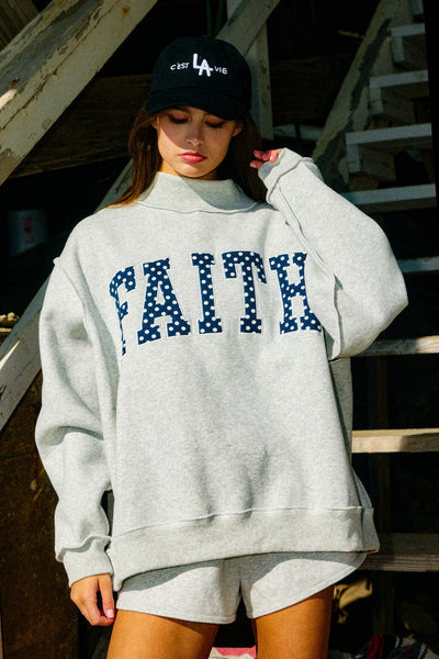 faith embroidered polka dot mock neck sweatshirt | heather grey