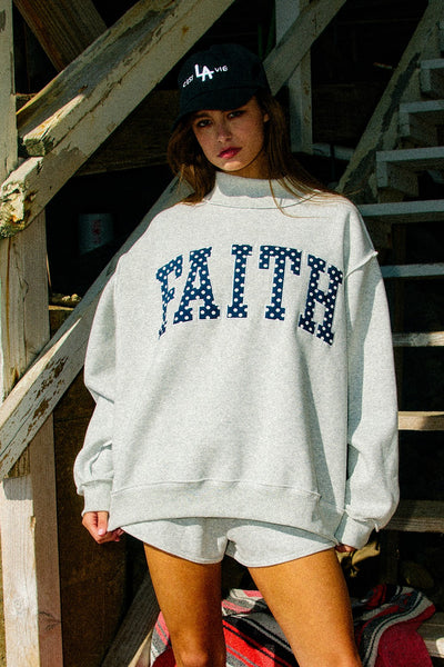 faith embroidered polka dot mock neck sweatshirt | heather grey