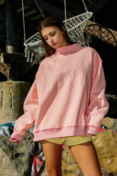 pray embroidered mock neck | pink