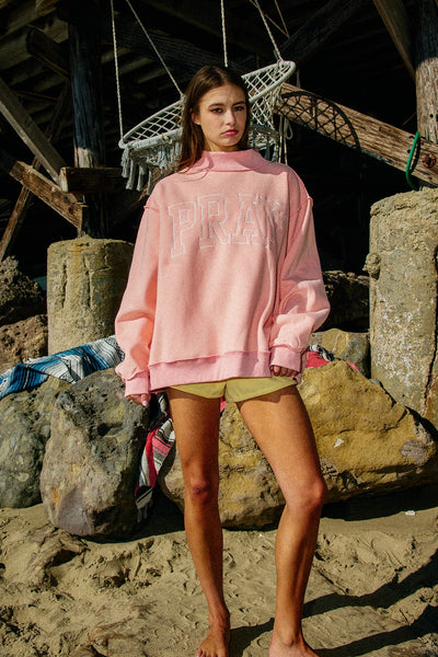 pray embroidered mock neck | pink