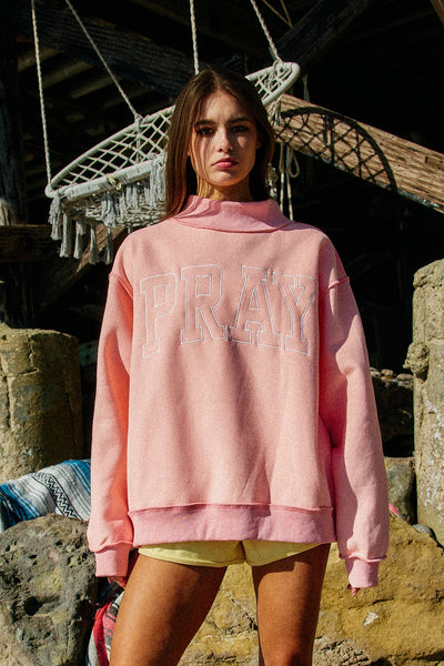 pray embroidered mock neck | pink