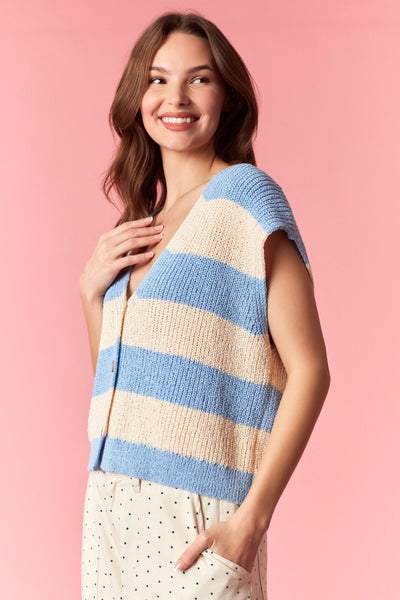 send me a postcard striped sleeveless cardigan | lt blue + ivory