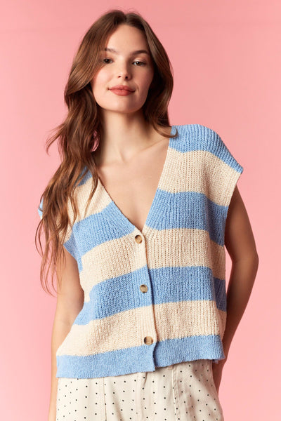 send me a postcard striped sleeveless cardigan | lt blue + ivory