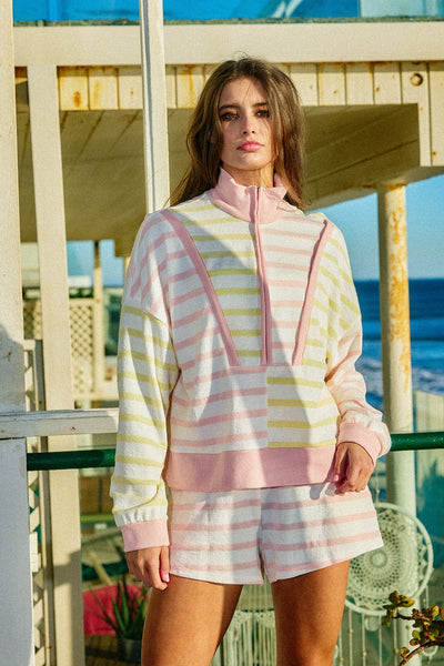 say the word striped oversized quarter zip + short set | blush + yellow