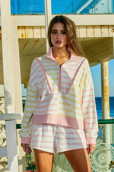 say the word striped oversized quarter zip + short set | blush + yellow