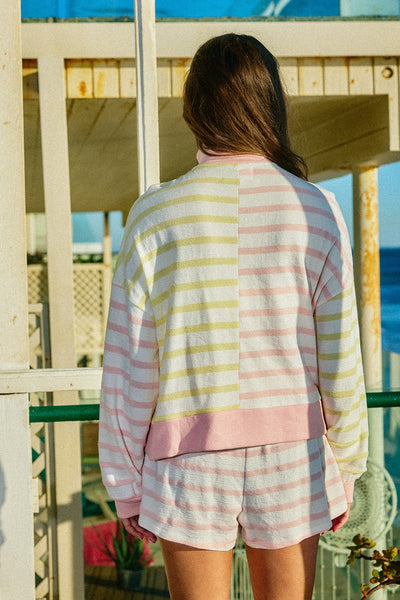 say the word striped oversized quarter zip + short set | blush + yellow