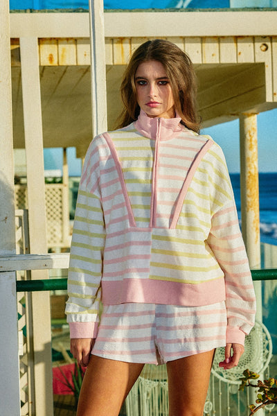 say the word striped oversized quarter zip + short set | blush + yellow