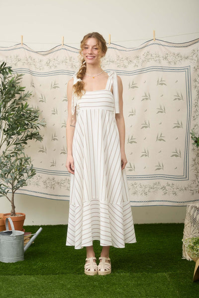 effortlessly refined stripe tie strap empire waist midi dress | brown