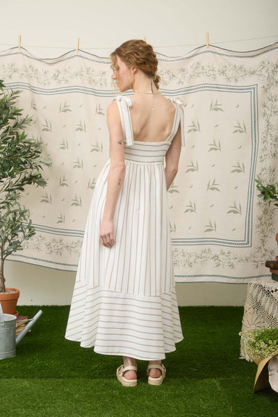 effortlessly refined stripe tie strap empire waist midi dress | brown