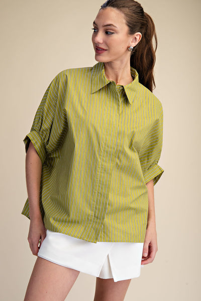 light as air oversized stripe button up top | green