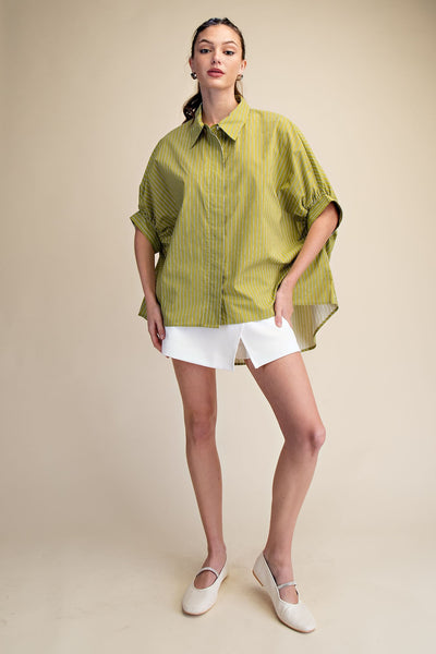 light as air oversized stripe button up top | green