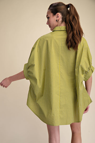 light as air oversized stripe button up top | green