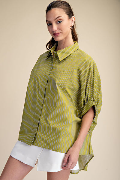 light as air oversized stripe button up top | green