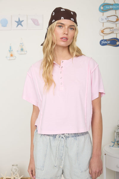 new adventures short sleeve knit henley | light pink