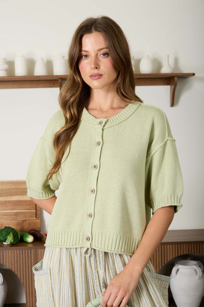 you noticed raw edge detail short sleeve cardigan | light olive