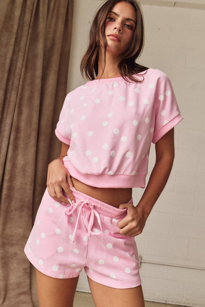 no notes needed polka dot top + short set | pink dot