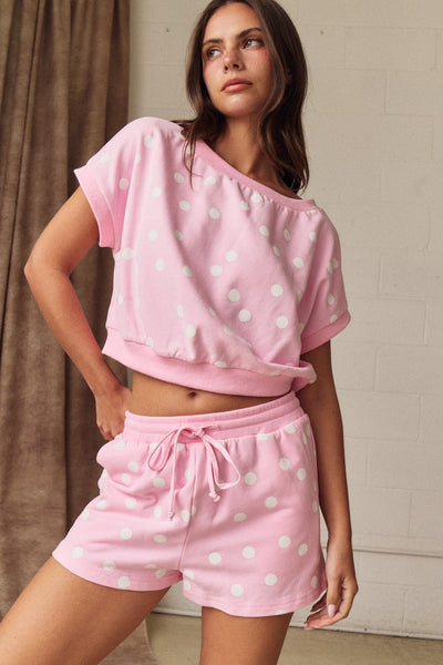 no notes needed polka dot top + short set | pink dot