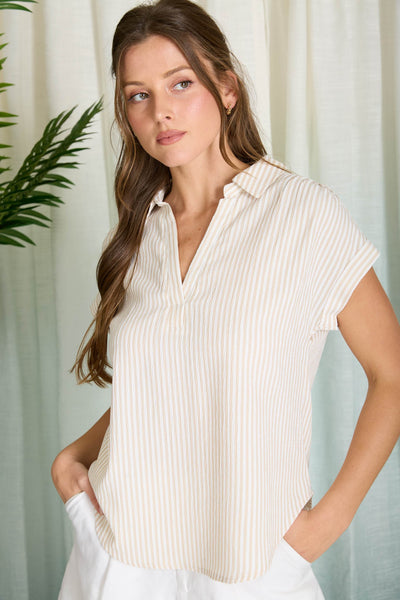 in every way striped dressy top | khaki