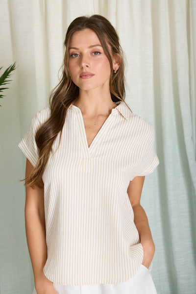 in every way striped dressy top | khaki