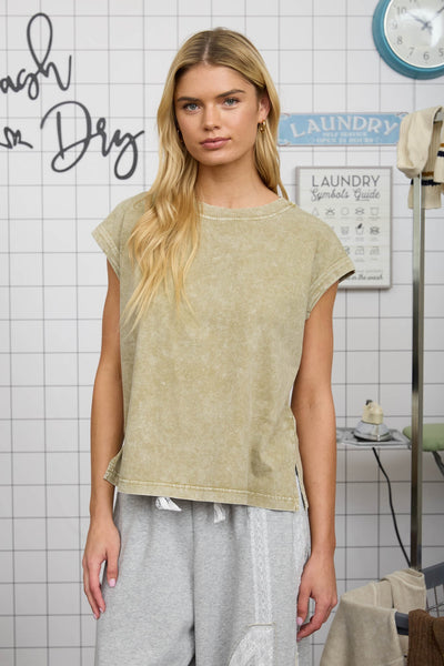 no fuss needed washed knit tee | light olive