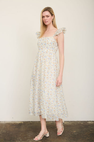 stretch of the imagination floral ruffle strap midi dress | ivory