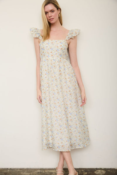 stretch of the imagination floral ruffle strap midi dress | ivory