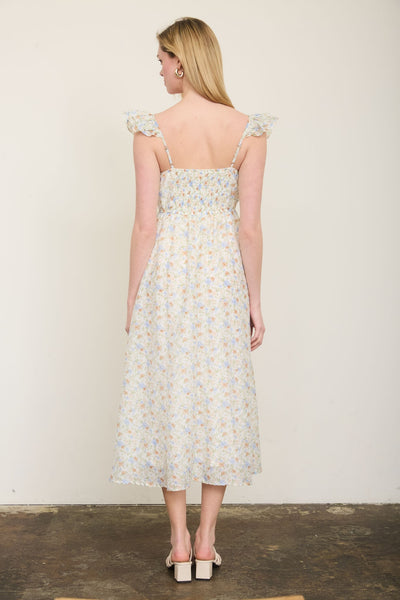 stretch of the imagination floral ruffle strap midi dress | ivory