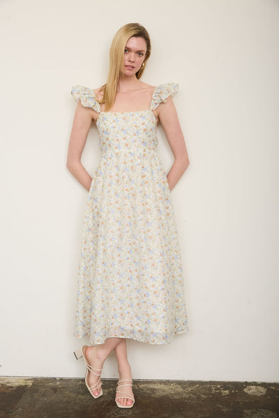 stretch of the imagination floral ruffle strap midi dress | ivory