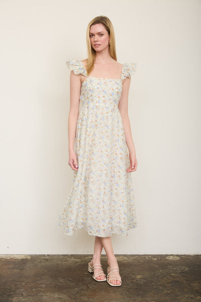 stretch of the imagination floral ruffle strap midi dress | ivory